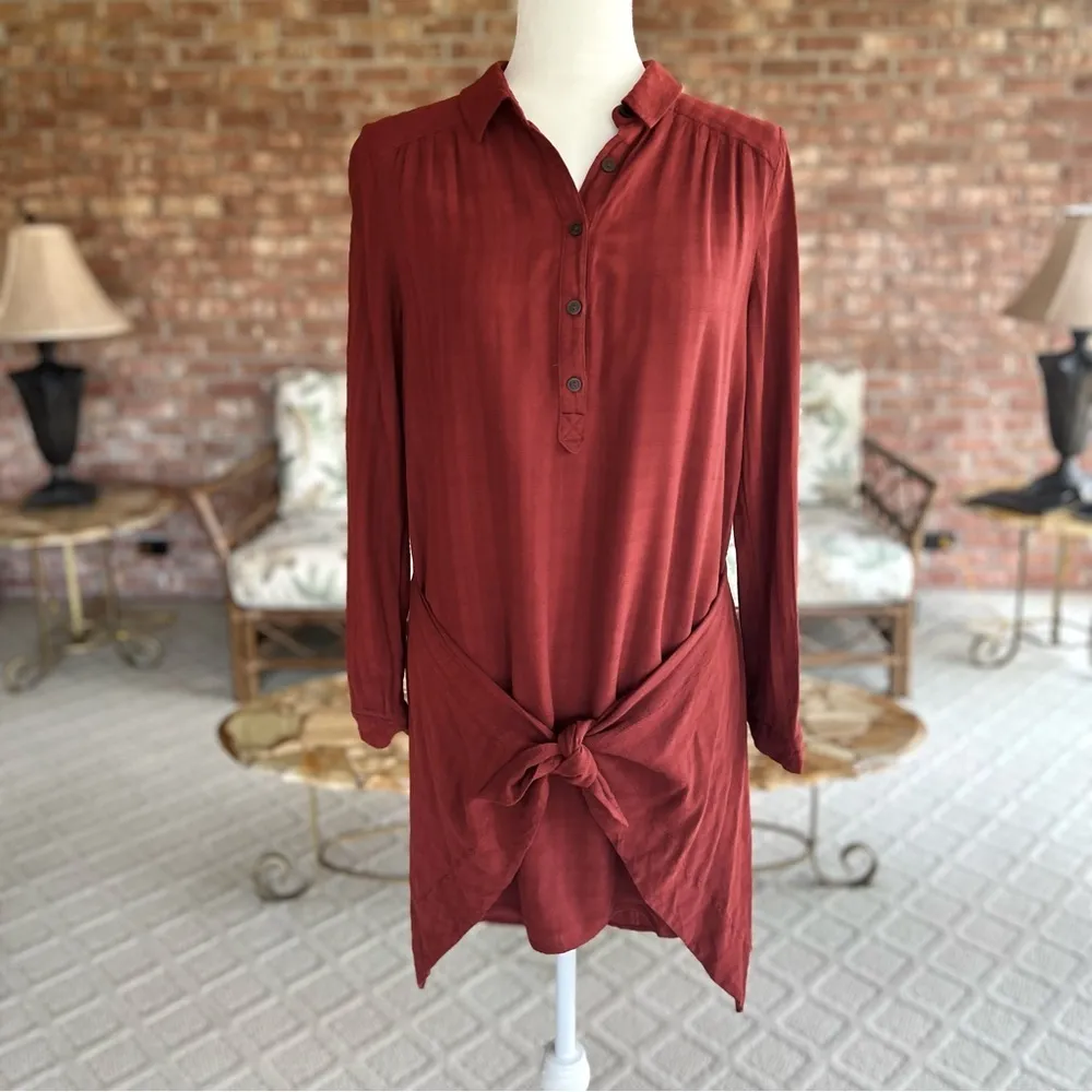 Maeve Anthro Shirt Dress Bloomsbury Rust Tie Front 6 Relaxed Boho Chic Trendy - Image 4