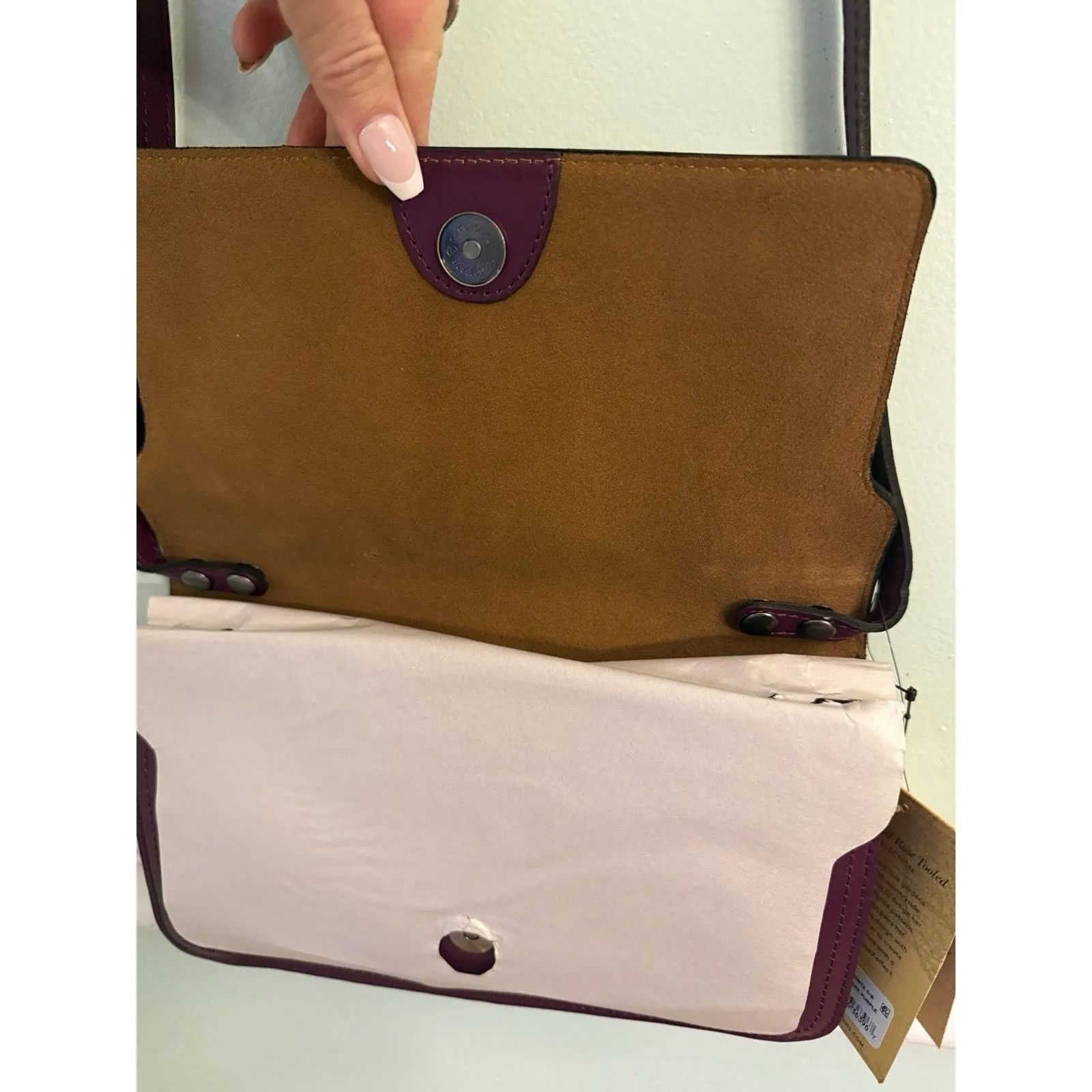 Patricia Nash Monta Leather Crossbody Clutch Plum Small Size Purse Tooled - Image 5