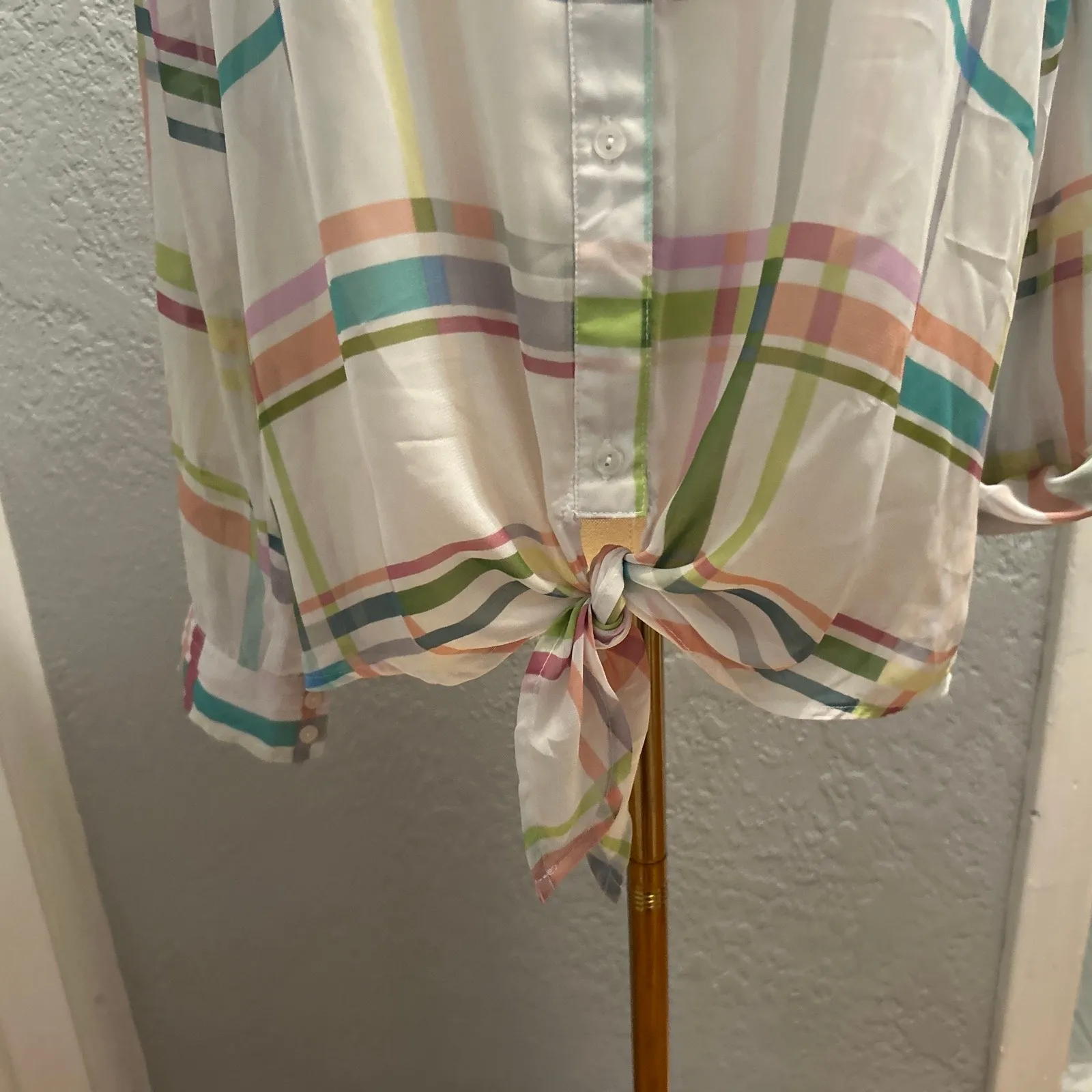 Liz Claiborne Women's M Blouse Sheer Plaid Pastel Tie Waist Beach Resort spring - Image 3