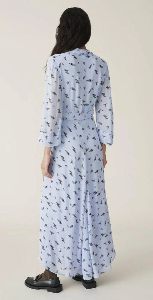 GANNI Floral Print Wrap Dress, Blue and Black Flowy Midi Dress, Size 38 EU/ 8 US - Image 4