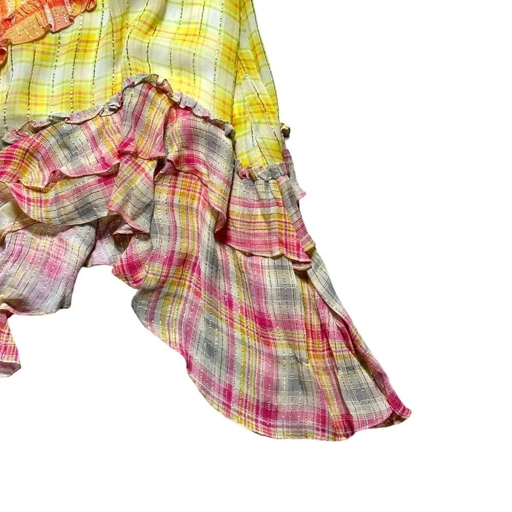 Hemant & Nandita Multi Colored Madrasi Asymmetrical Midi Dress US S Yellow - Image 4