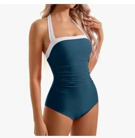 NEW Sexy Tummy Control One Piece Swimsuit Halter Retro Bathing Suit M Blue Size M - Image 4