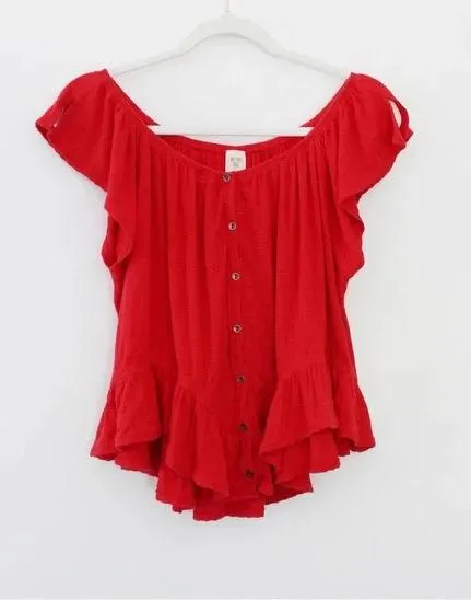 / We The Free Mint Julep Off Shoulder Peasant Top in Cherry Red - Image 3