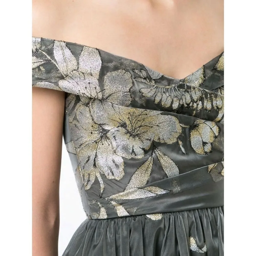 New! MARCHESA NOTTE Women's Floral Embroidered Metallic Fil Coupe Gown V - Image 4