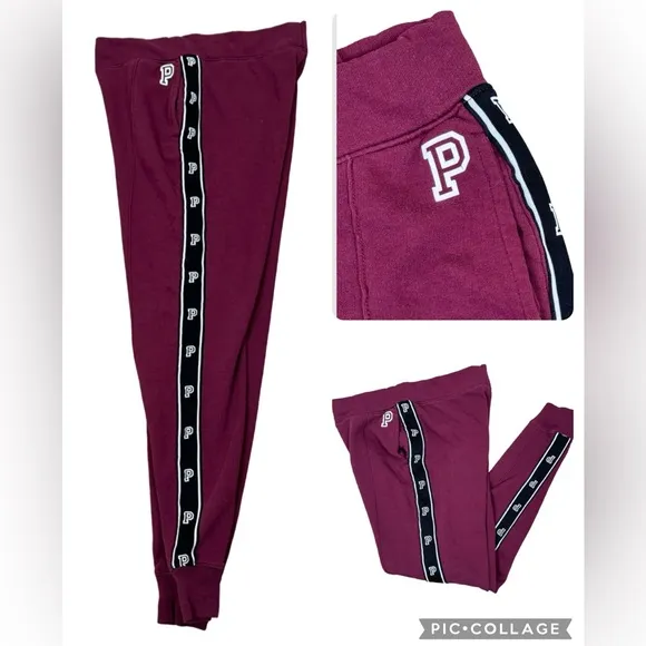 PiNK Victoria’s Secret Burgundy “P” Stripe Leg Logo Jogger Sweatpants XS - Image 2