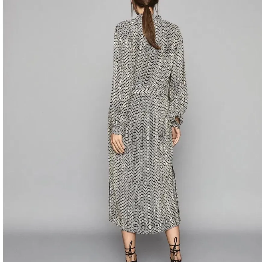 REISS Geometric Print Long Sleeve Midi Shirt Dress Belted V Neck Women Size‎ 2 - Image 3