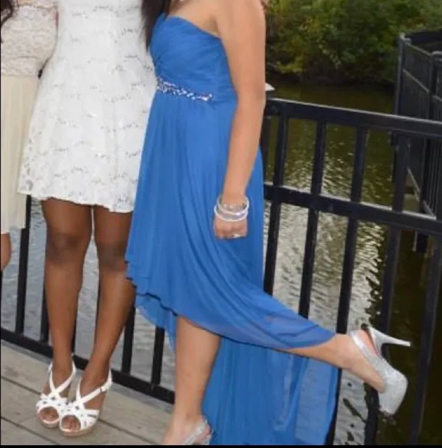 Blue High Low Jewel Encrusted Waist Chiffon Dress Size 6 - Image 2