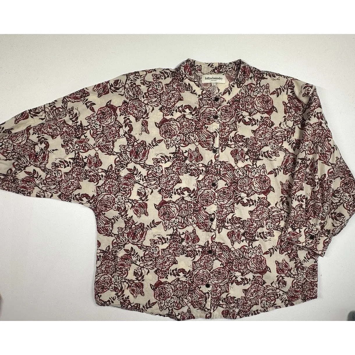 Lollys Laundry Copenhagen, Sz: M Tan Maroon Floral Cotton Casual Shirt (b42) Size M - Image 5