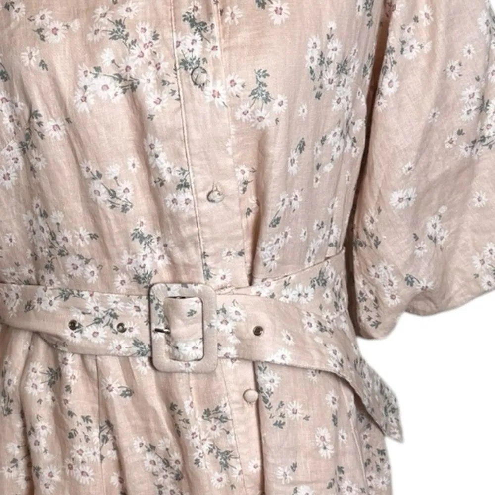 We Are Kindred Isobel Linen Button Down Belted Shirt Dress in blush floral 10 White - Image 4
