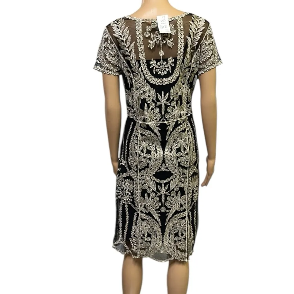 Cato Black Sheer Metallic Gold Lace Overlay with Black Spag Strap Lining Dress M - Image 5