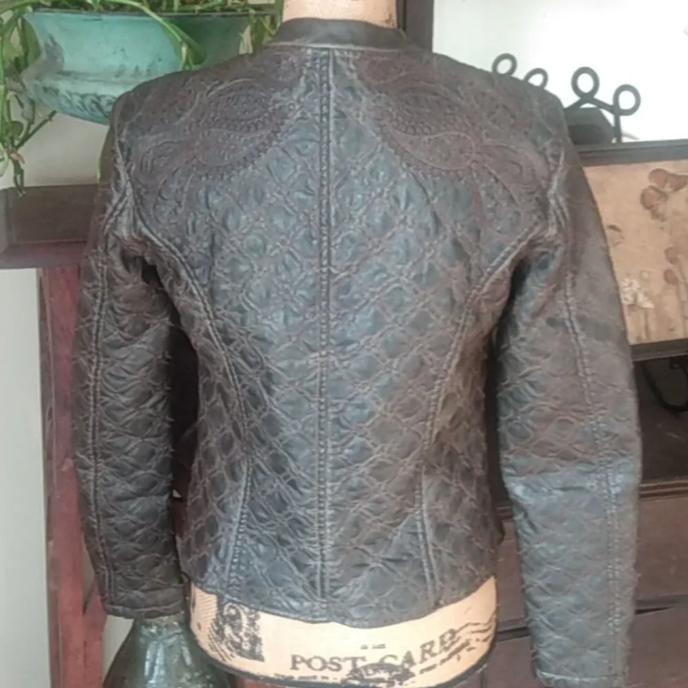 A.B.S. by Allen Schwartz Brown Faux Leather Distressed Moto Jacket - Image 7