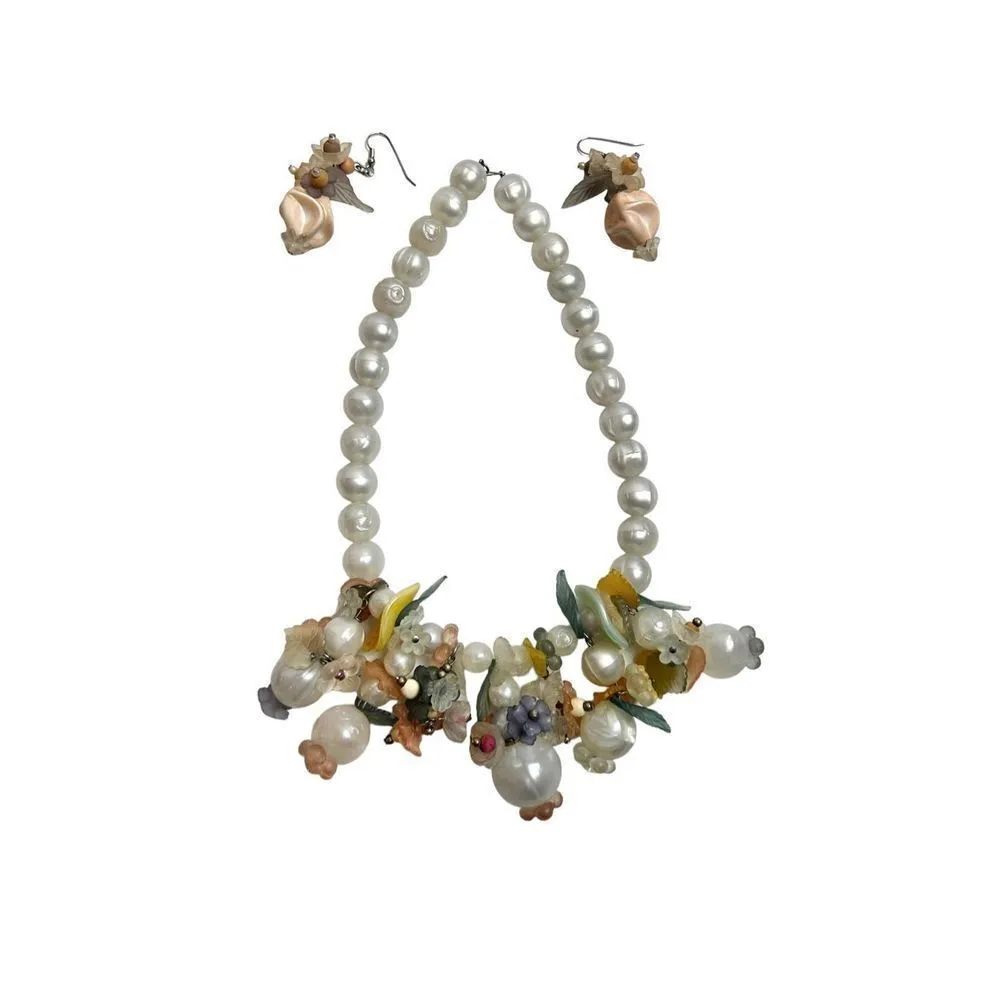 Pearl, shell, and floral statement chunky necklace & earrings set Blue - Image 6
