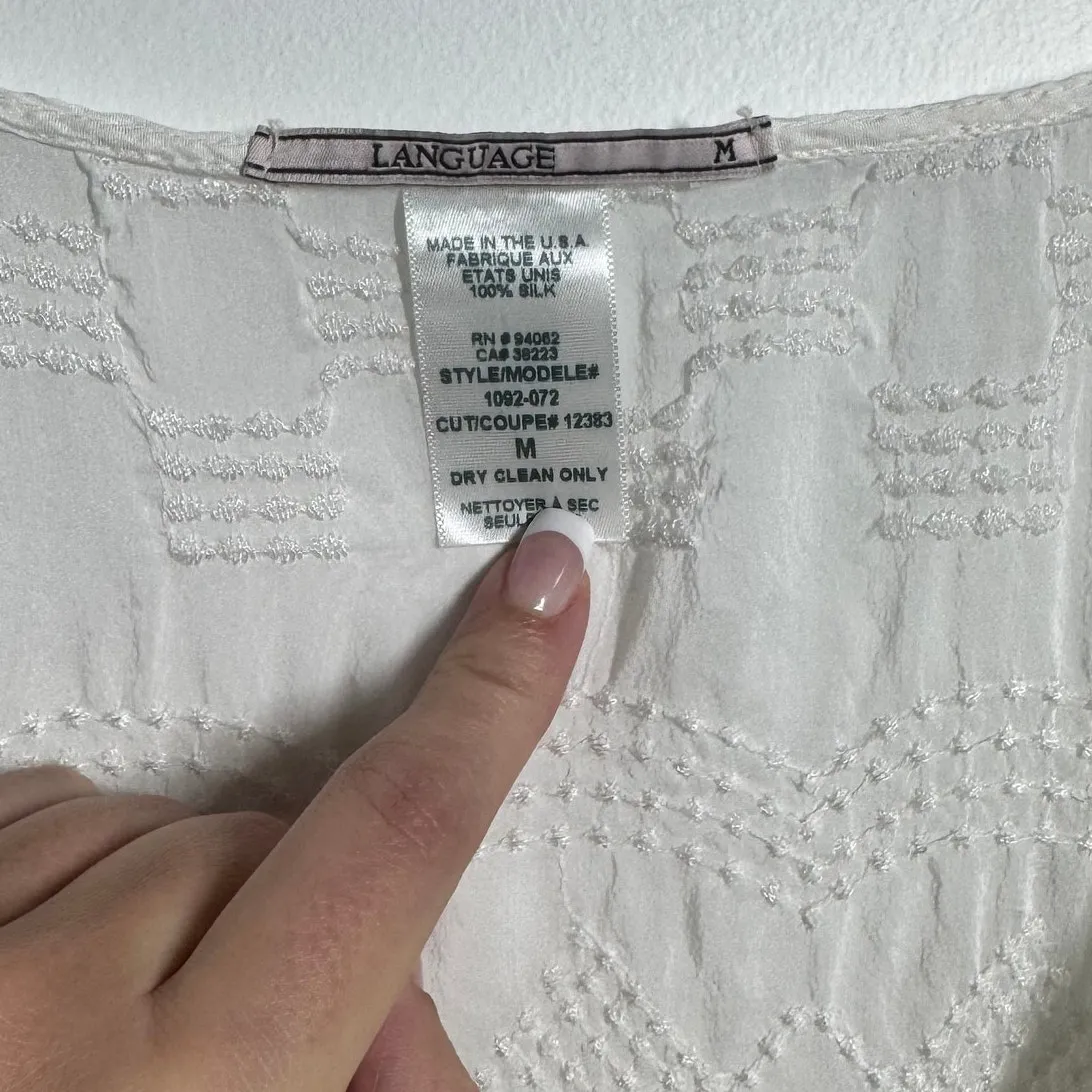 Language Top Women M White Black Embroidery 100% Silk USA Boho Coastal Cottage Size M - Image 6