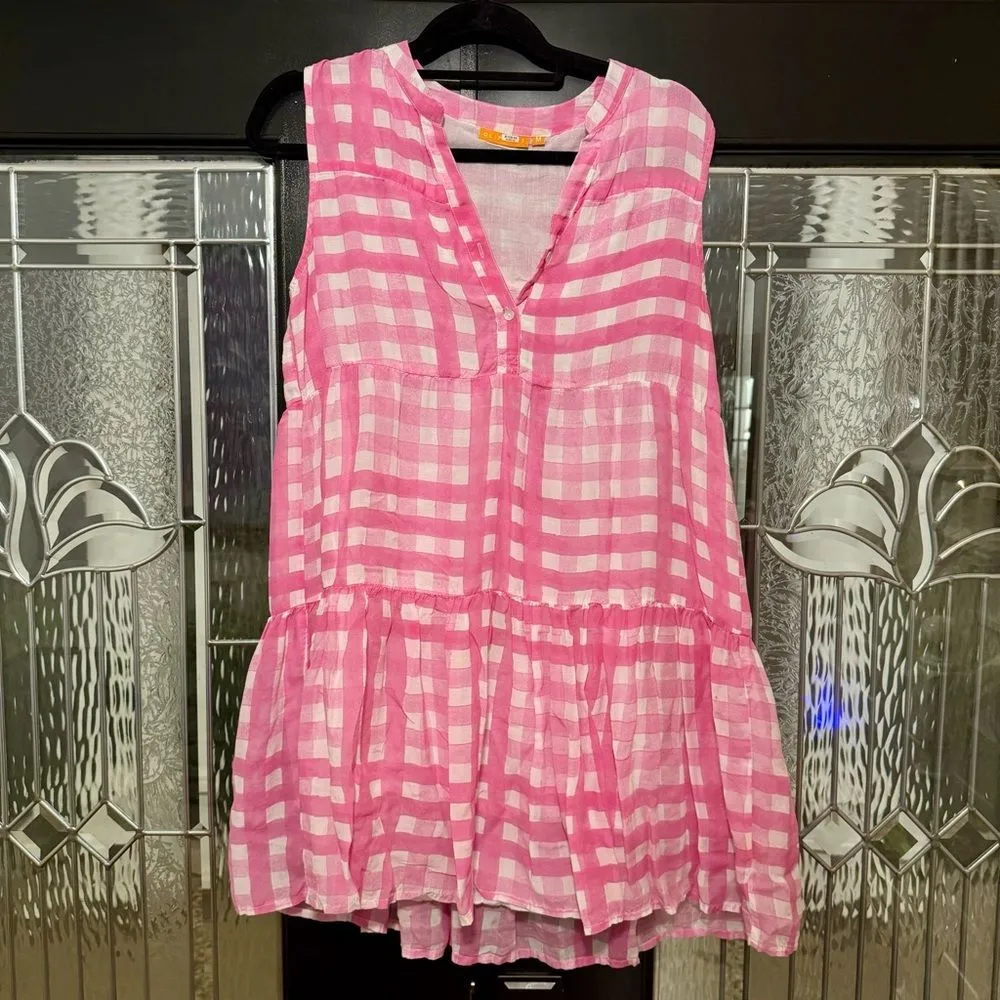 Oliphant Pink and White Gingham Yoke Tiered Button Neck Dress Size Medium Pink - Image 5