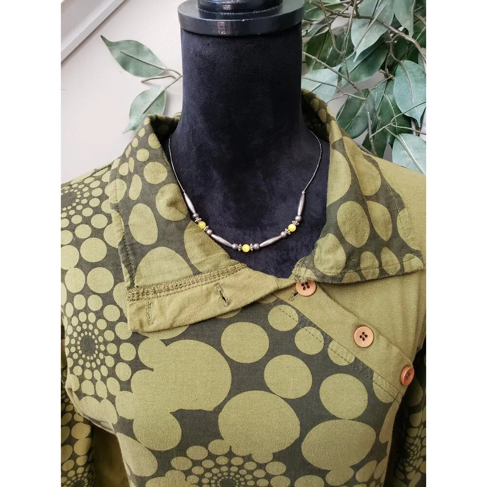 Hunchha Midi Dress Womens Small Green Geometric Collared Asymmetric Button Front - Image 5