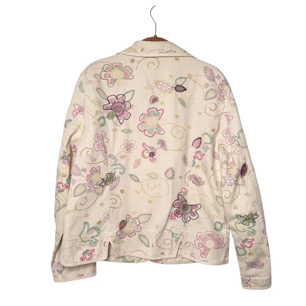 CHICO’S FLORAL EMBROIDERED CREAM AND PASTELS BLAZER SZ 2/12 - Image 2