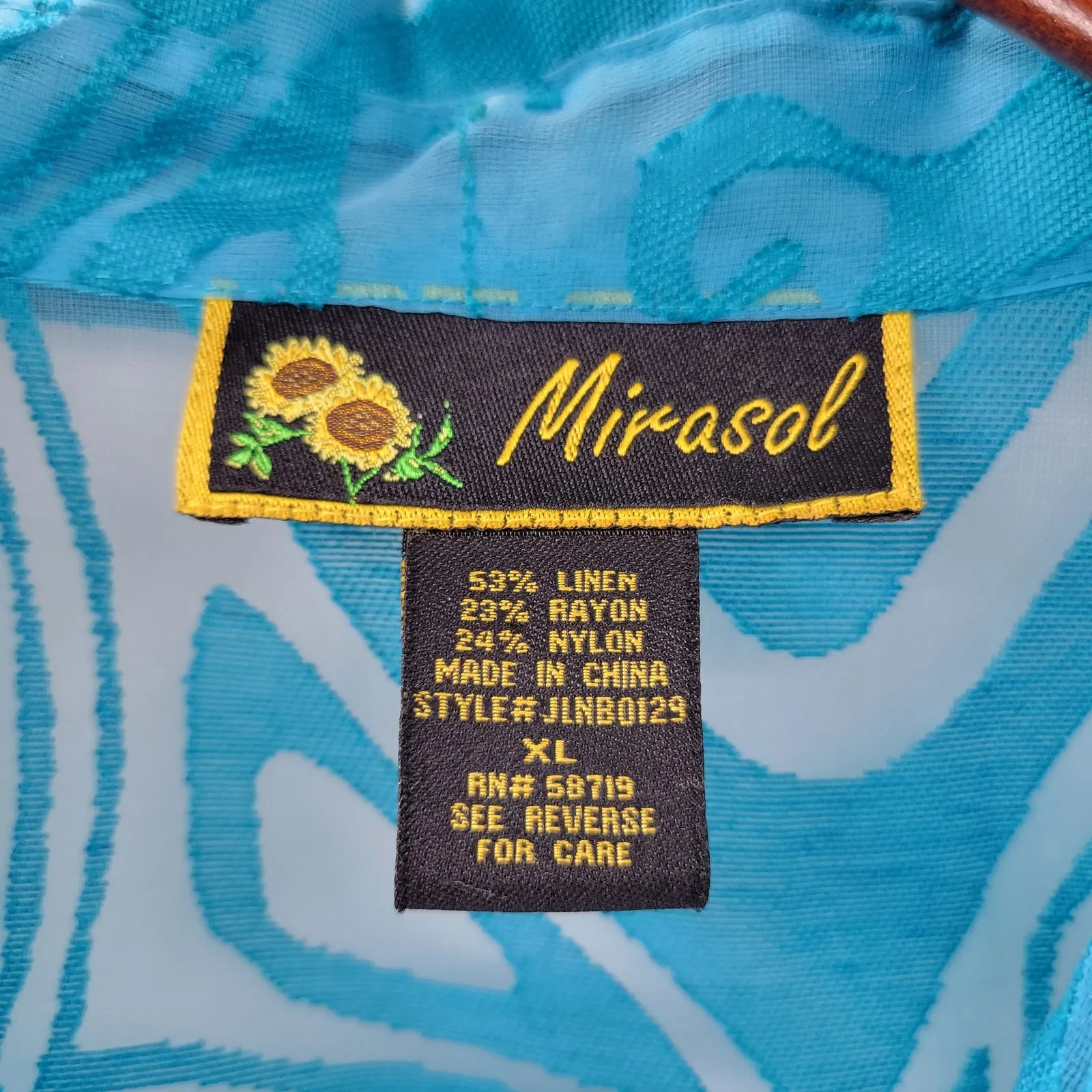 Marisol Button Up Top Womens XL Blue Sheer Turquoise Linen Blend Burnout Design - Image 2