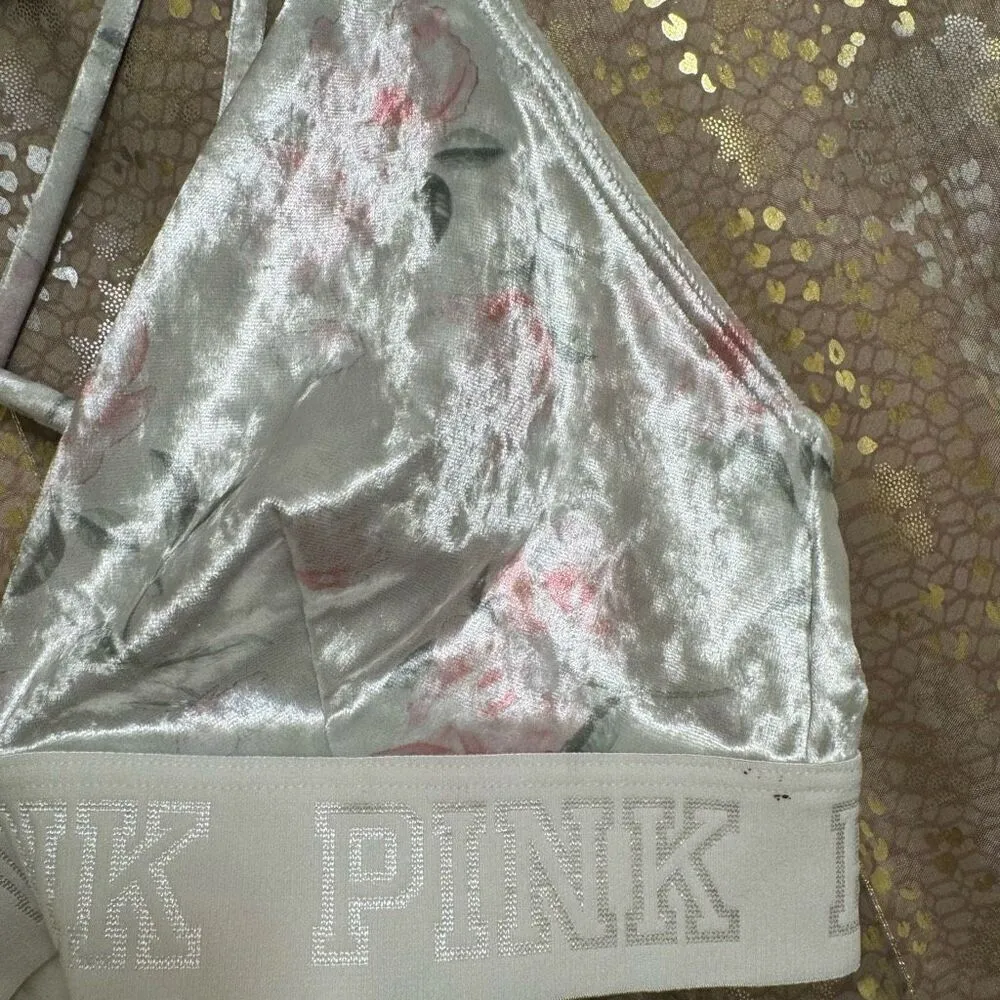 PINK Victorias Secret White Floral Velvet Triangle Strappy Bralette Small NWT - Image 4