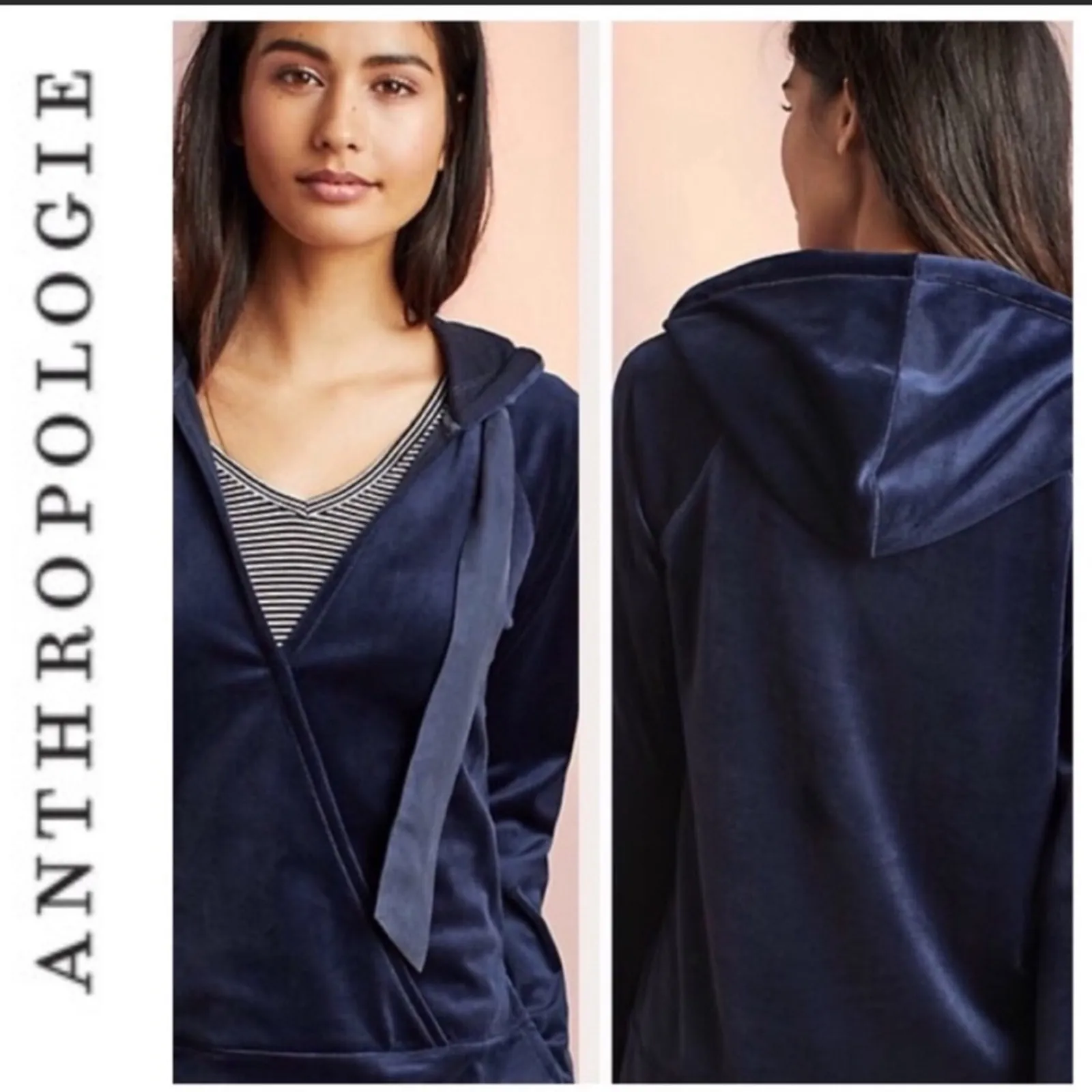 Anthropologie Saturday Sunday Navy Velvet Hoodie Cozy Sweater XS Loungewear - Image 13