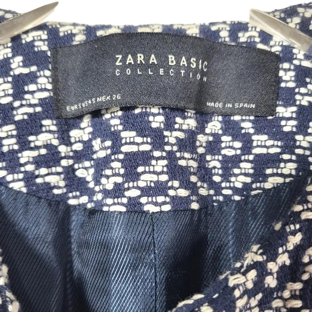 Zara Padded Shoulder Tweed Full Zip Coat in Navy Blue/White - Image 6