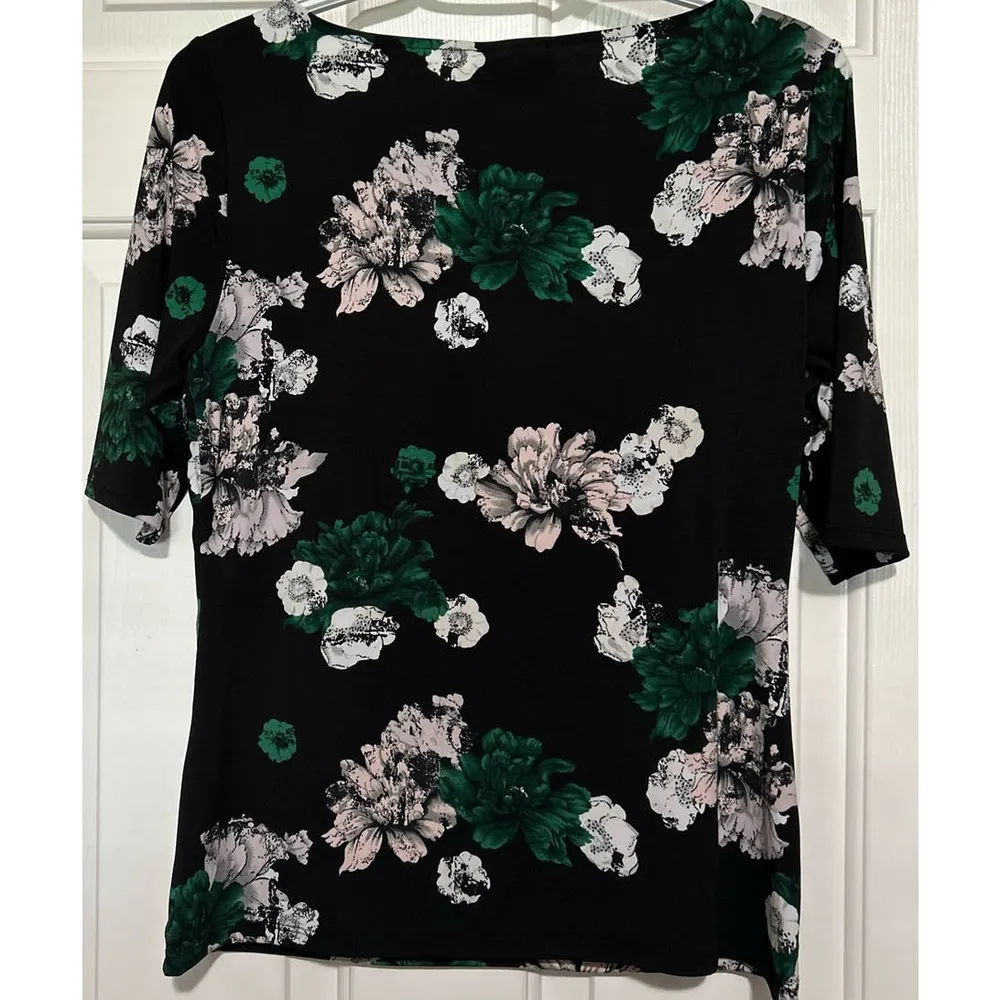 Carmen Women's Black‎ Floral Green Pink Slit in Front Short Sleeve Top Size M Black Size M - Image 2
