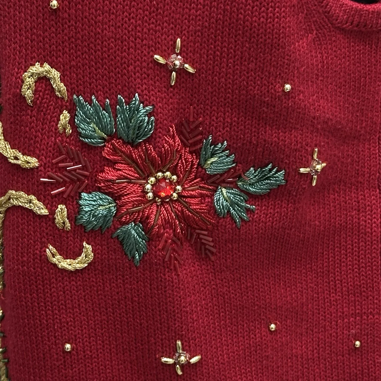 Vintage Theme Works Christmas Embroidered & Beaded Vest Cardigan Size PM Red - Image 6