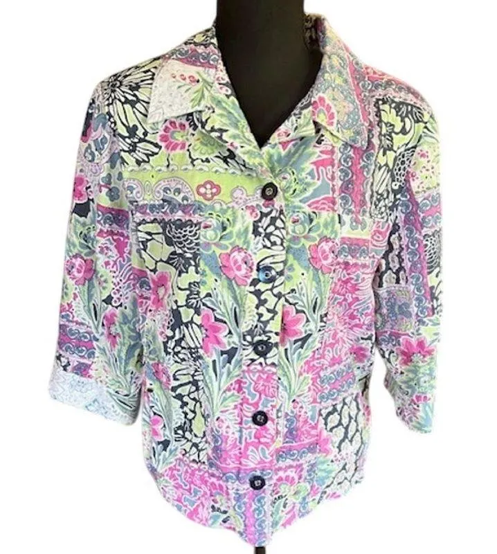 Allison Daley Petite Button-Up Blouse – Floral Patchwork – Size 14P - Image 2