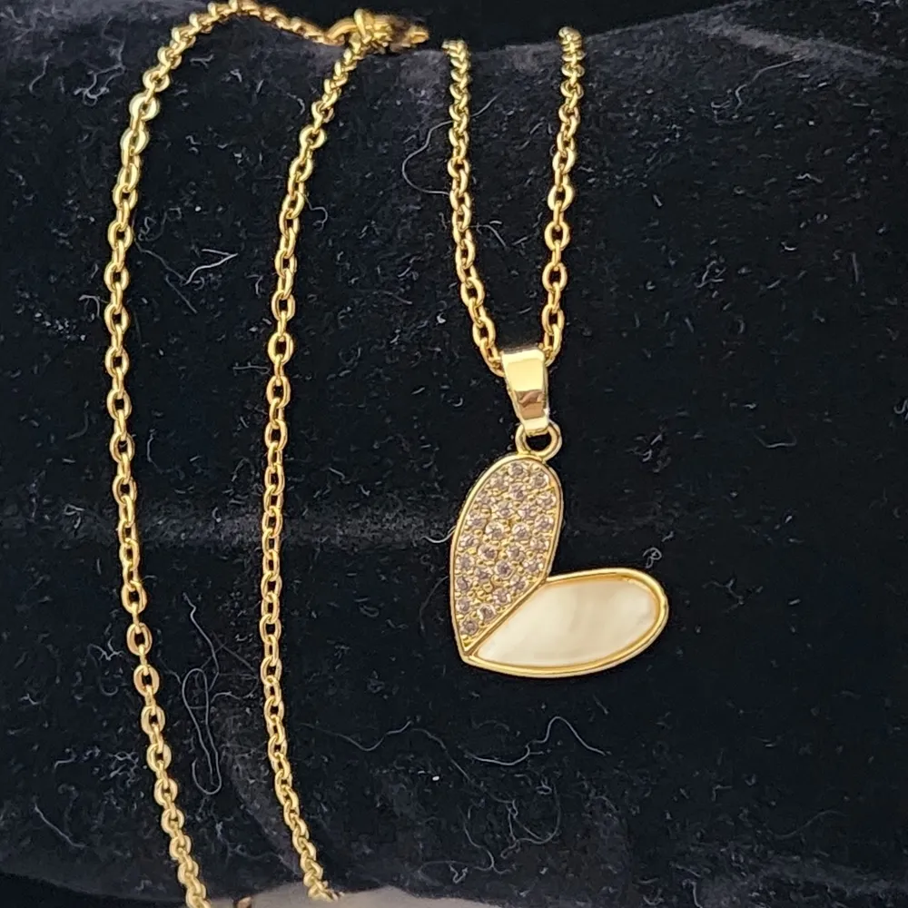 Gold Chain Necklace with Micro Pave and Shell Heart Pendant - Image 5