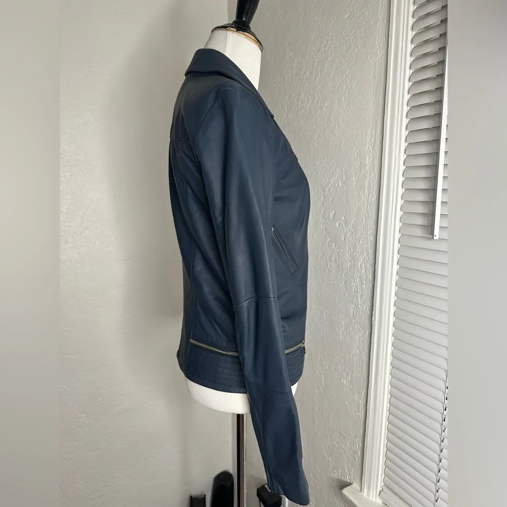 Blue Leather Motorcycle Jacket with Asymmetrical Zipper Trouvé Size XS - Image 3