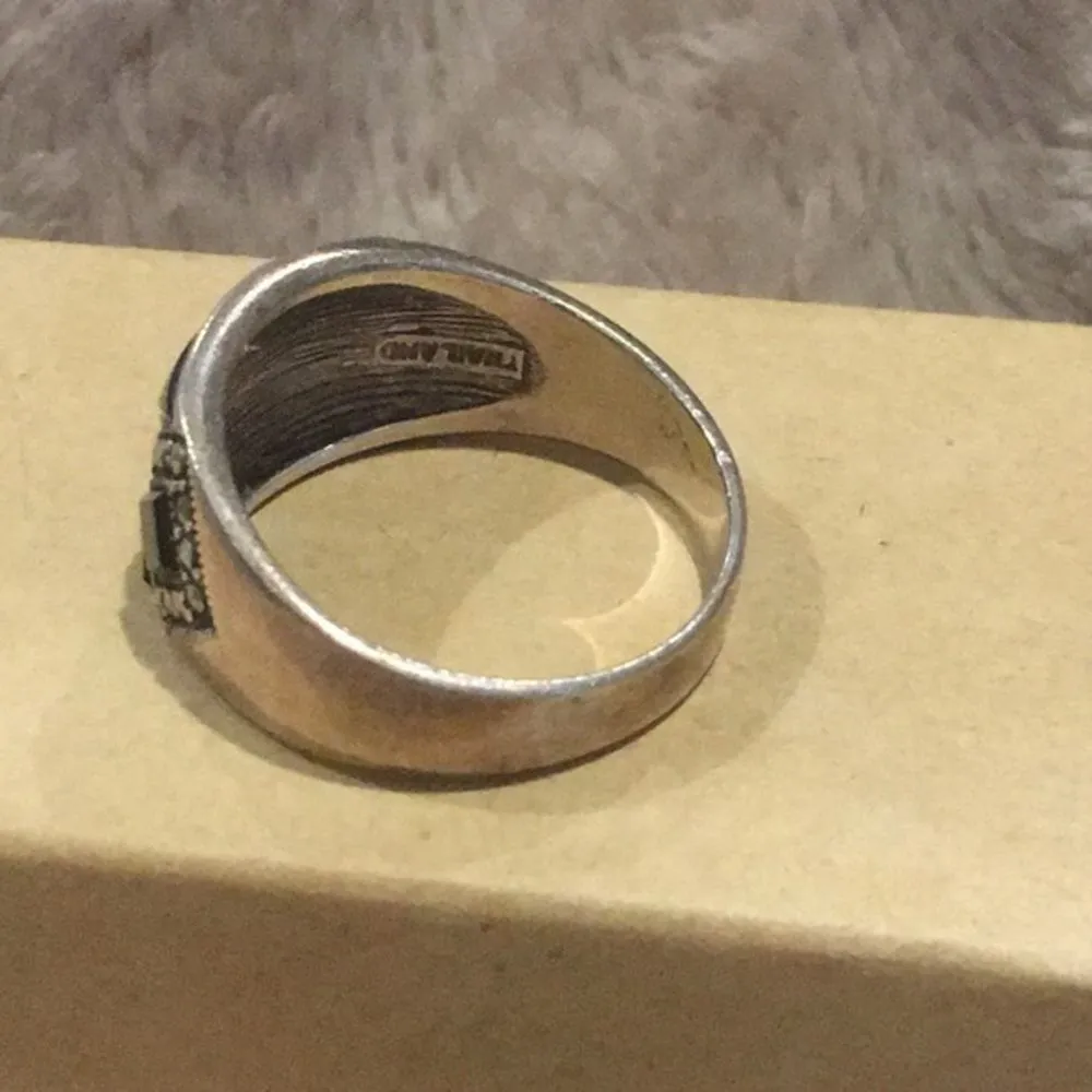 Vintage Black Onyx Marcasite Sterling Silver Mosaic Inlay Ring Sz 9 - Image 3