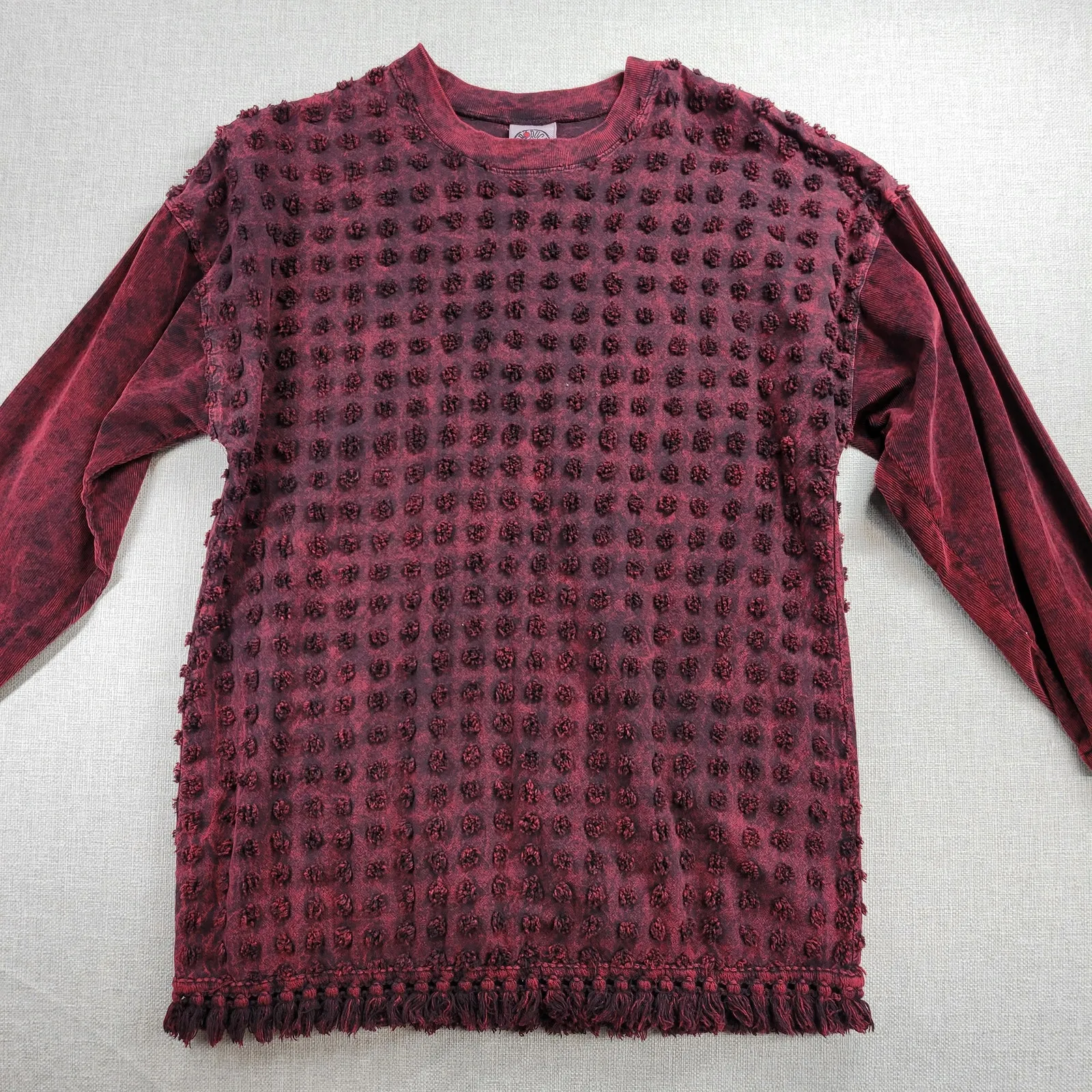 Produce Company Womens Sweater Size M Wine Swiss Dots Crewneck Fringe Pullover Red - Image 10