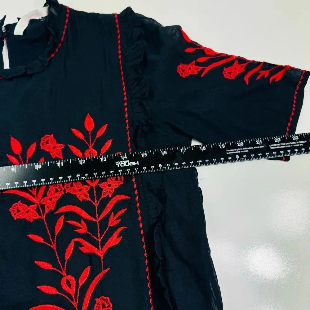 Zara Embroidered Dress‎ Floral Ruffle Trim Black Red Short Sleeve Size XS - Image 8
