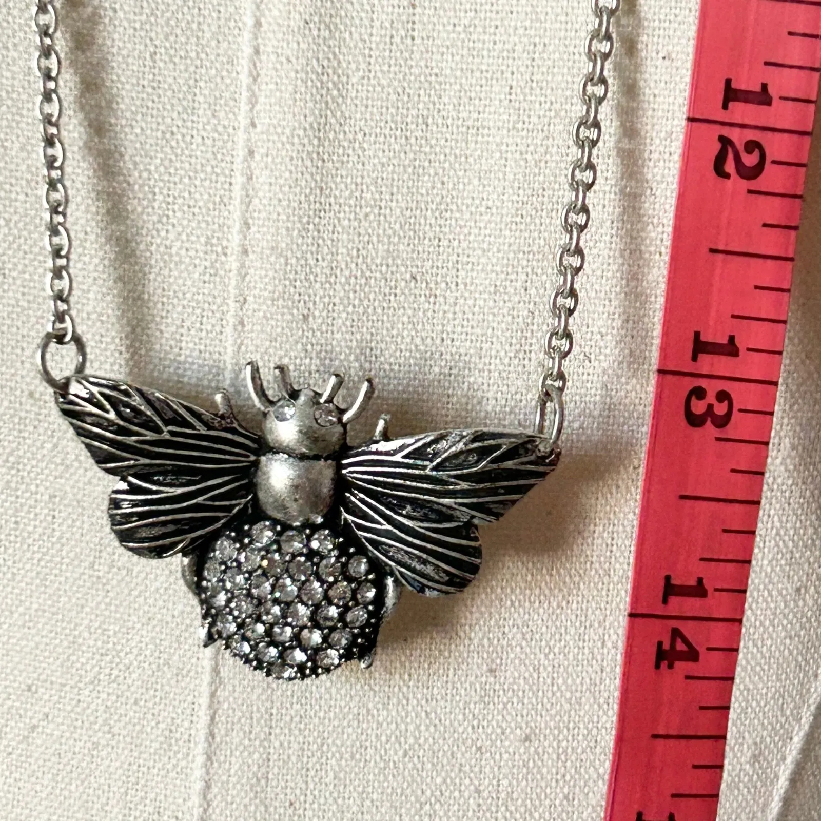 Silver Tone Bee Pendant Necklace Rhinestone Wings Chain Charm Statement Jewelry - Image 6