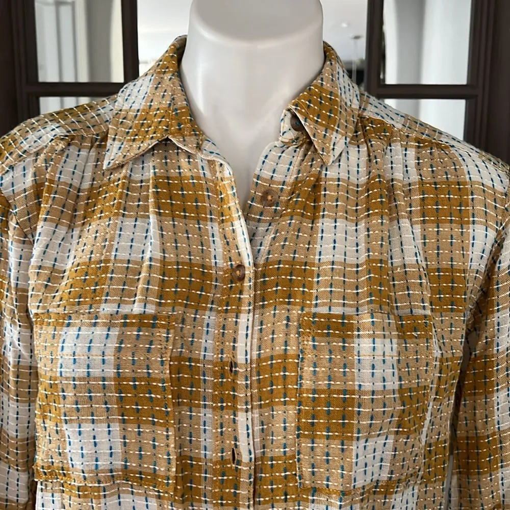 NEW Anthropologie’s Pilcro Yellow Motif Mustard Plaid Stitched Shirt Size XXS - Image 9