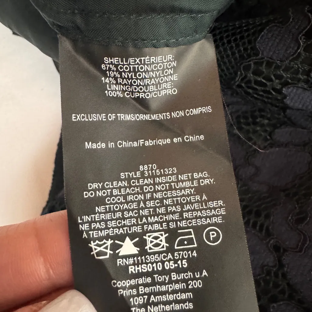 Tory Burch Size 2 Green Navy Lace Pencil Skirt Scalloped Embroidered Floral Slit - Image 9