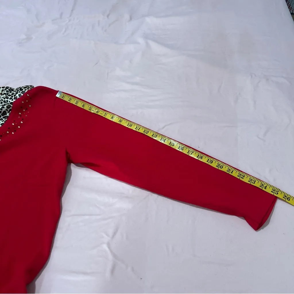 Quaker‎ Factory Embellished Red Knit Sweater Contrasting Satin Leopard Collar XL - Image 14