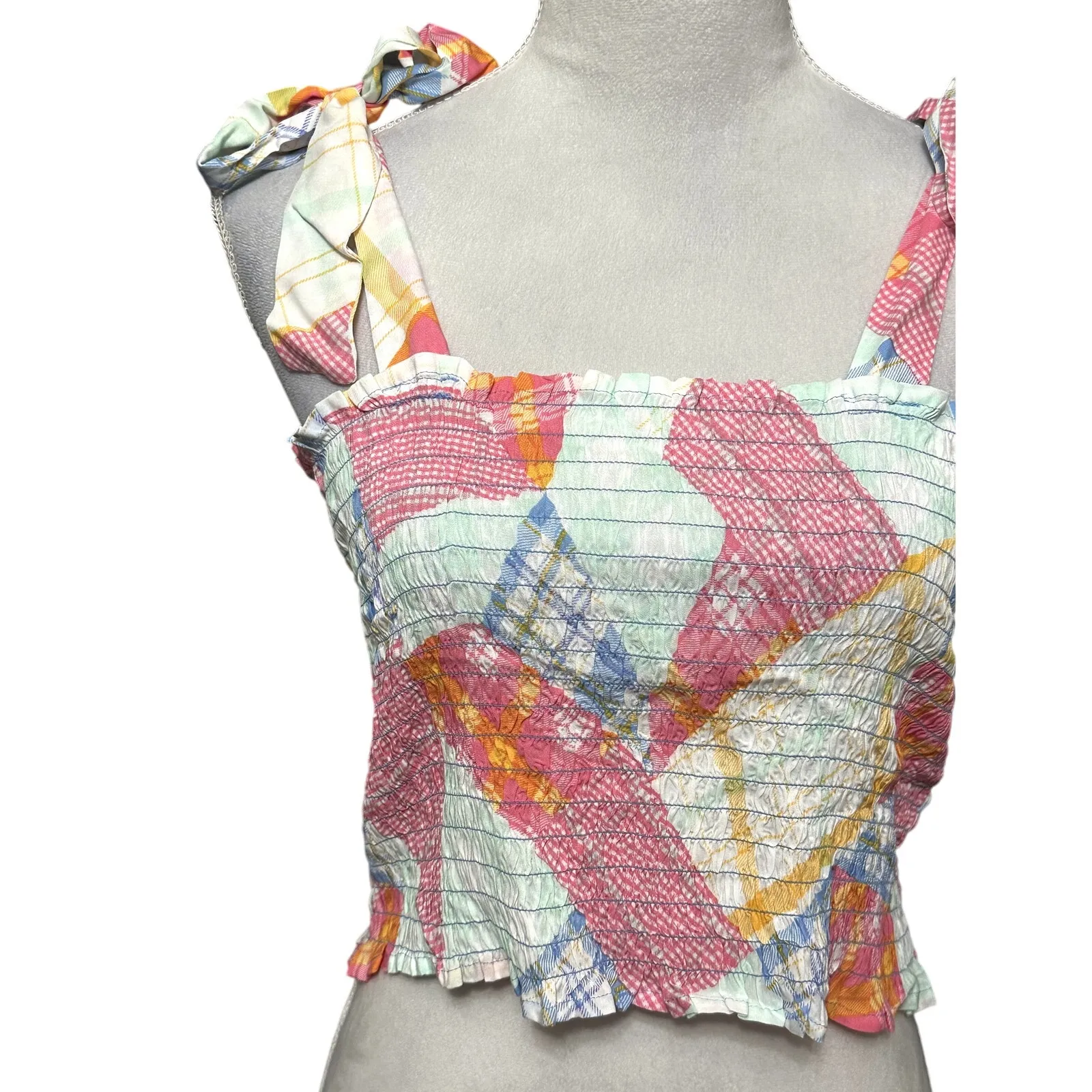 BP. Crop Top Smocked Adjustable Shoulder Tie Geometric Pattern Multi Pastel NWOT - Image 2