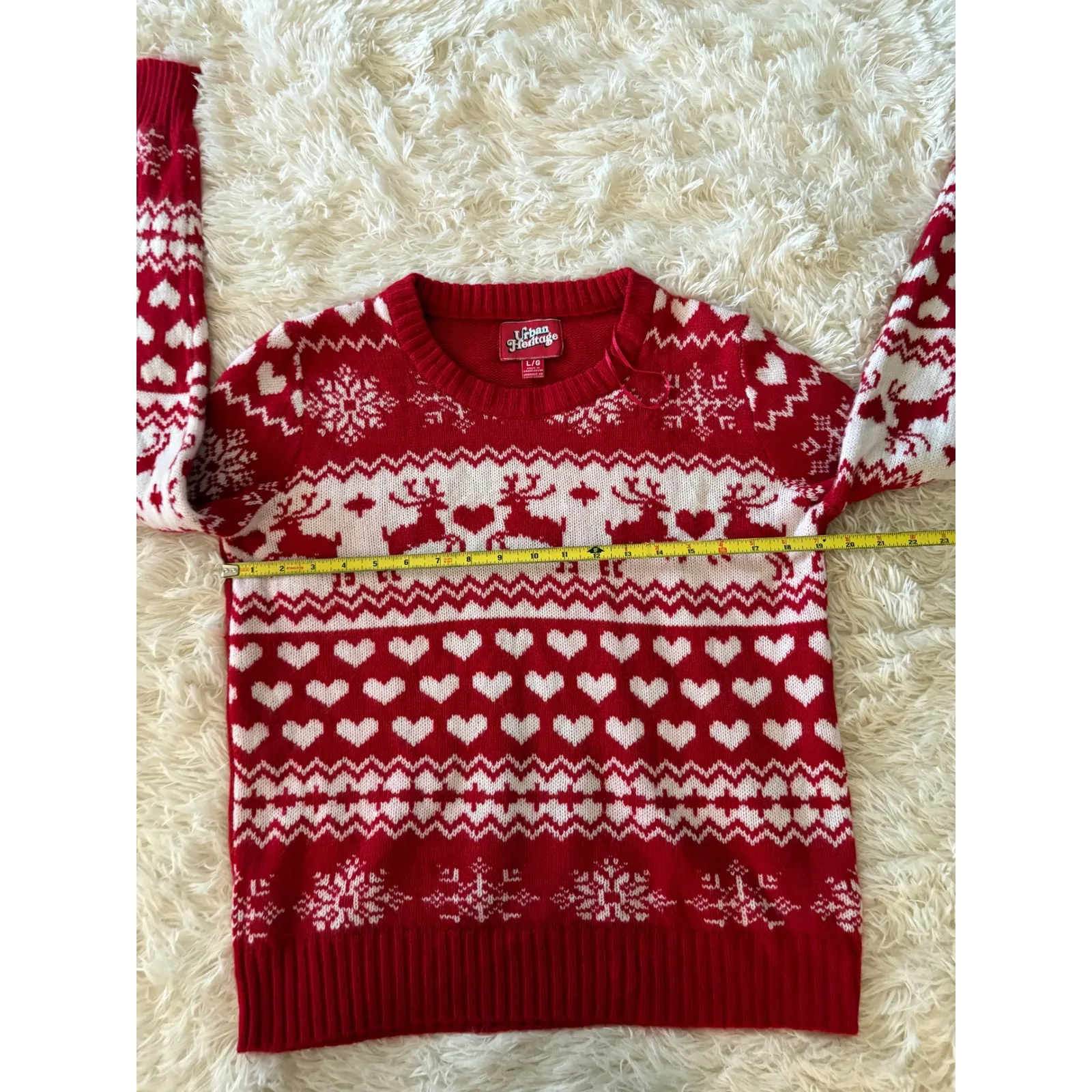 Urban Heritage Red Christmas Sweater Reindeer‎ Hearts Snowflake Holiday Large - Image 5