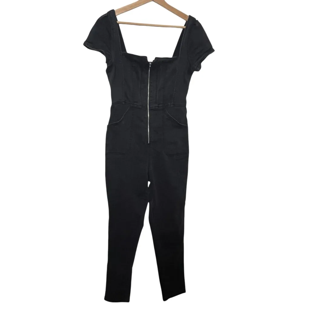 Free People We The Free Selena Jumpsuit Small Black Denim Zip Short Sleeve Slim - Image 2