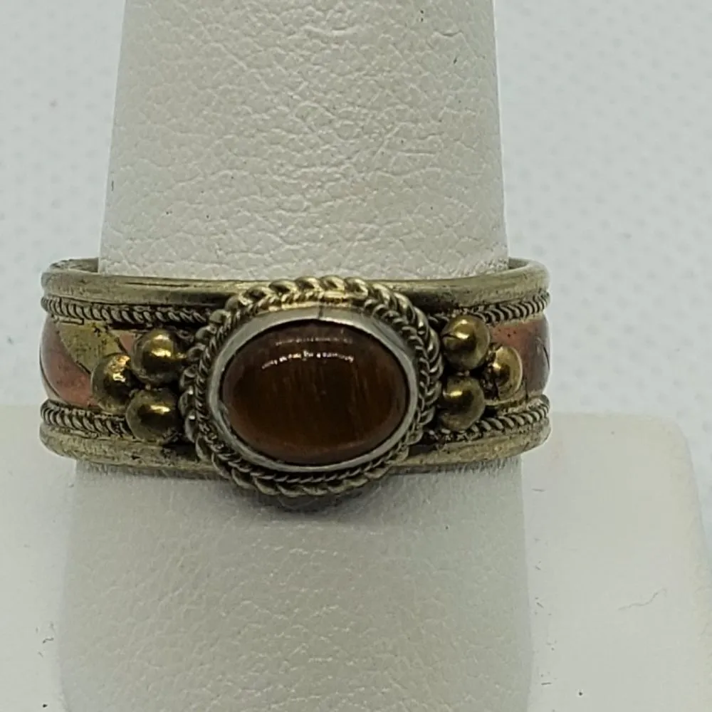 Brutalist Gold Tone & Bronze Tone Tigereye Ring Orange - Image 2