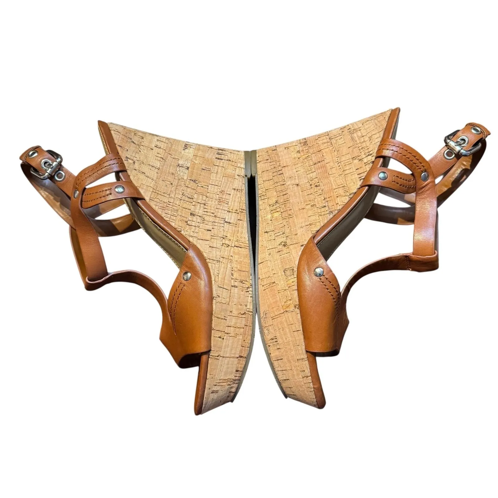 Marc Fisher‎ Shoes Womens Size 9.5M Brown Leather Cork Wedge Sandal Strappy Heel - Image 6