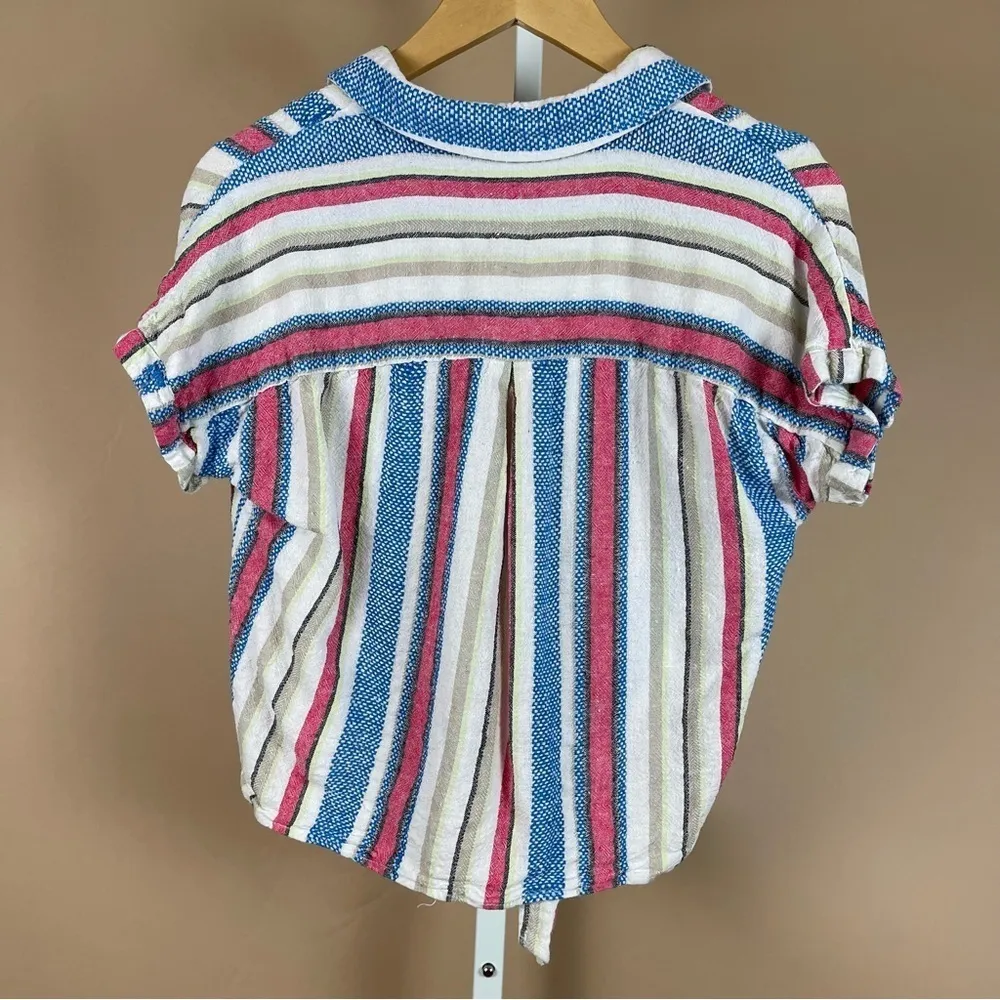 Caffe’ Marrakech Small Striped Linen Blend Short Sleeve Tie Waist Top Beachy Red - Image 2