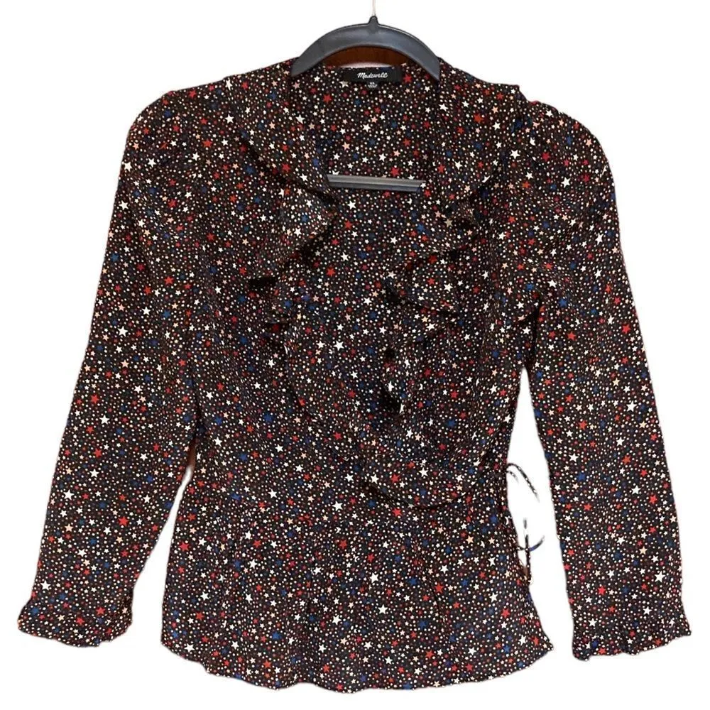 MADEWELL Silk Ruffle-Hem Wrap Top in Starry Night Size Extra Small - Image 2