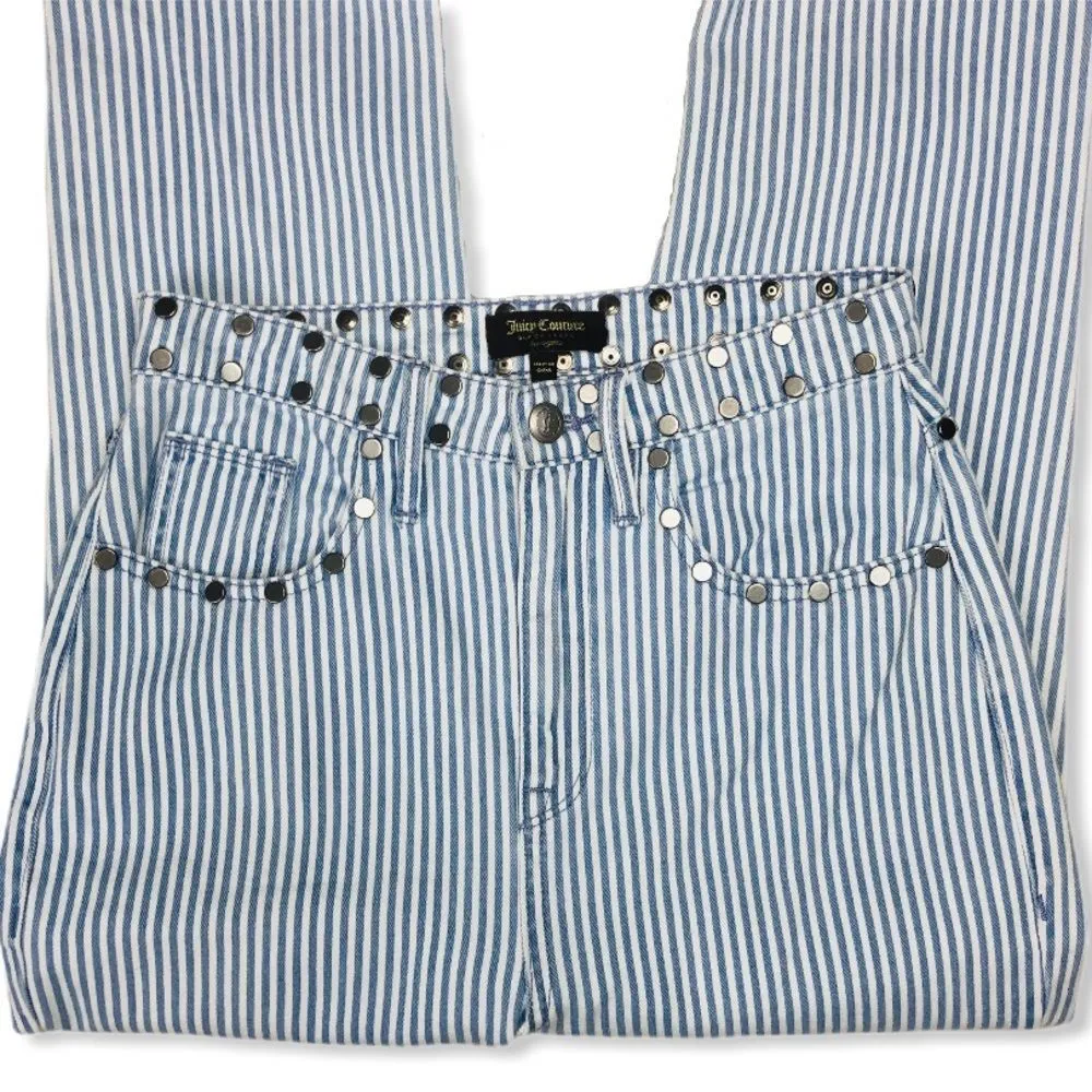 Juicy Couture High Rise White Blue Stripe Girlfriend Jeans with Studded Detail - Image 7