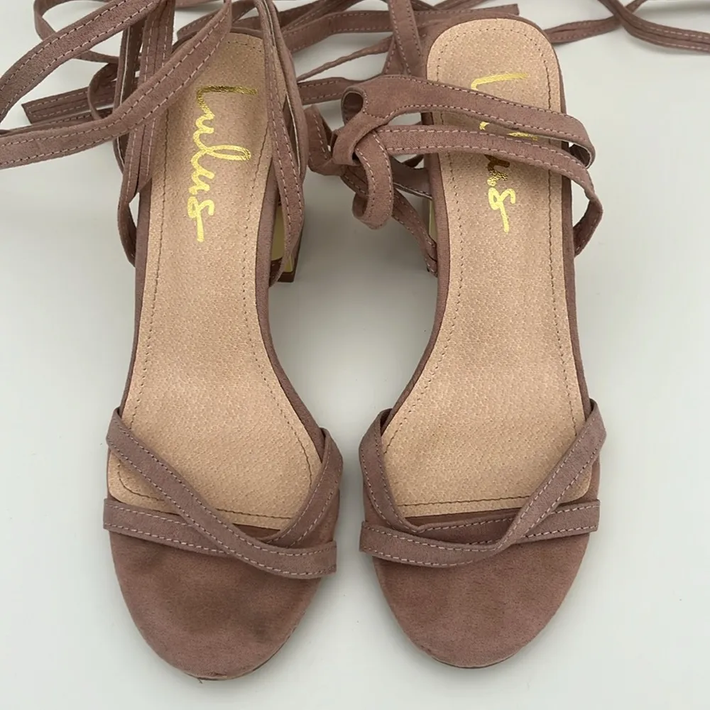 Lulu’s Suede Pink Gold Lace Up Strappy 3.5” Heel in Women’s Size 6.5 - Image 3