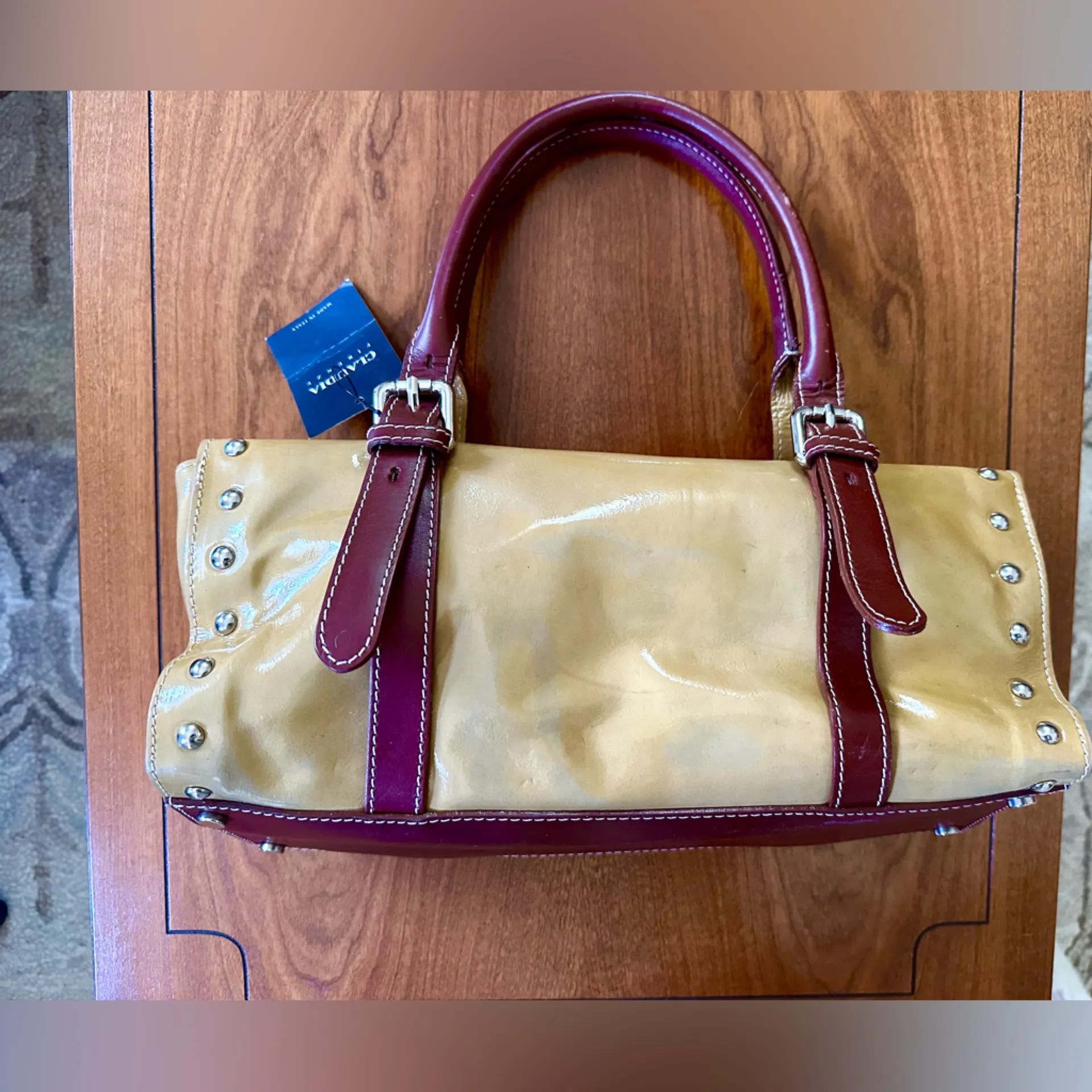 NWT Claudia Firenze Italian Leather Handbag | Yellow Burgundy | Studded Satchel Tan - Image 5