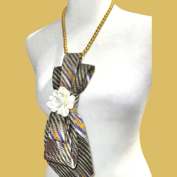 “Dainty Dapper”Striped Tie necklace with Floral Accent Brown - Image 4