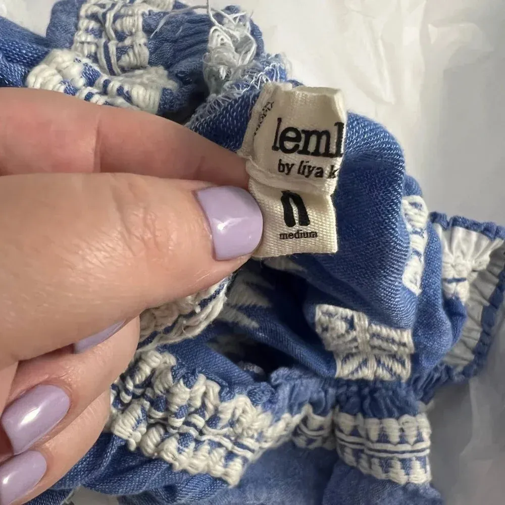 Lemlem Freya Off The Shoulder Embroidered Gauze Jumpsuit Blue Size‎ US Medium - Image 11