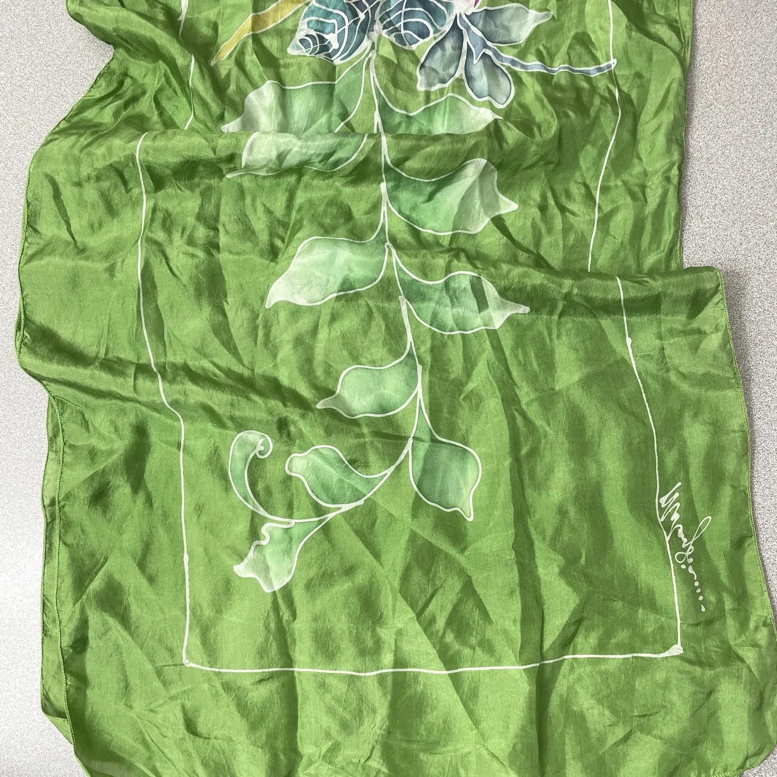 Malaysia Airlines Floral Silk Scarf Green Multi Neck Tie Rectangle Womens 66in * - Image 2