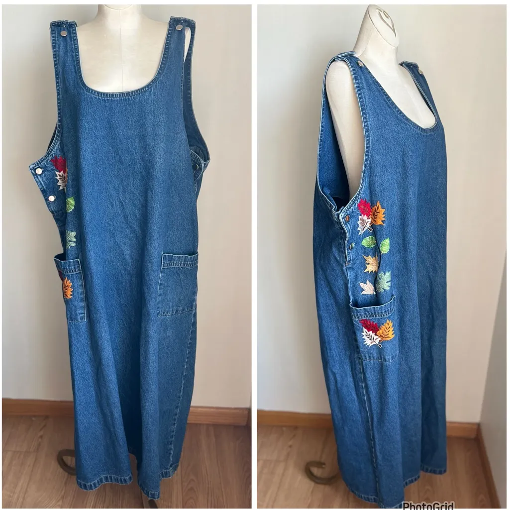 Vintage 90s Cherry Kave Denim Fall Leaves Embroidered Dress XXL teacher - Image 2